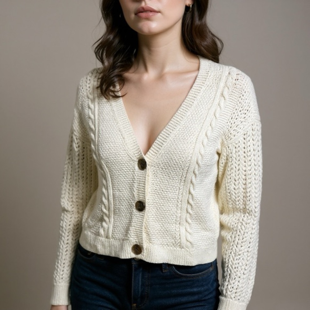 Lucky Brand - Ivory Cream - Cable Knit Button Up Cardigan